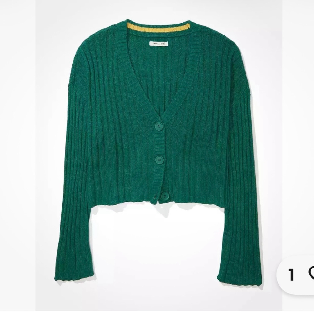 American Eagle Green Boxy Ribbed Button Up Cropped Cardigan Sweater M - Picture 2 of 10